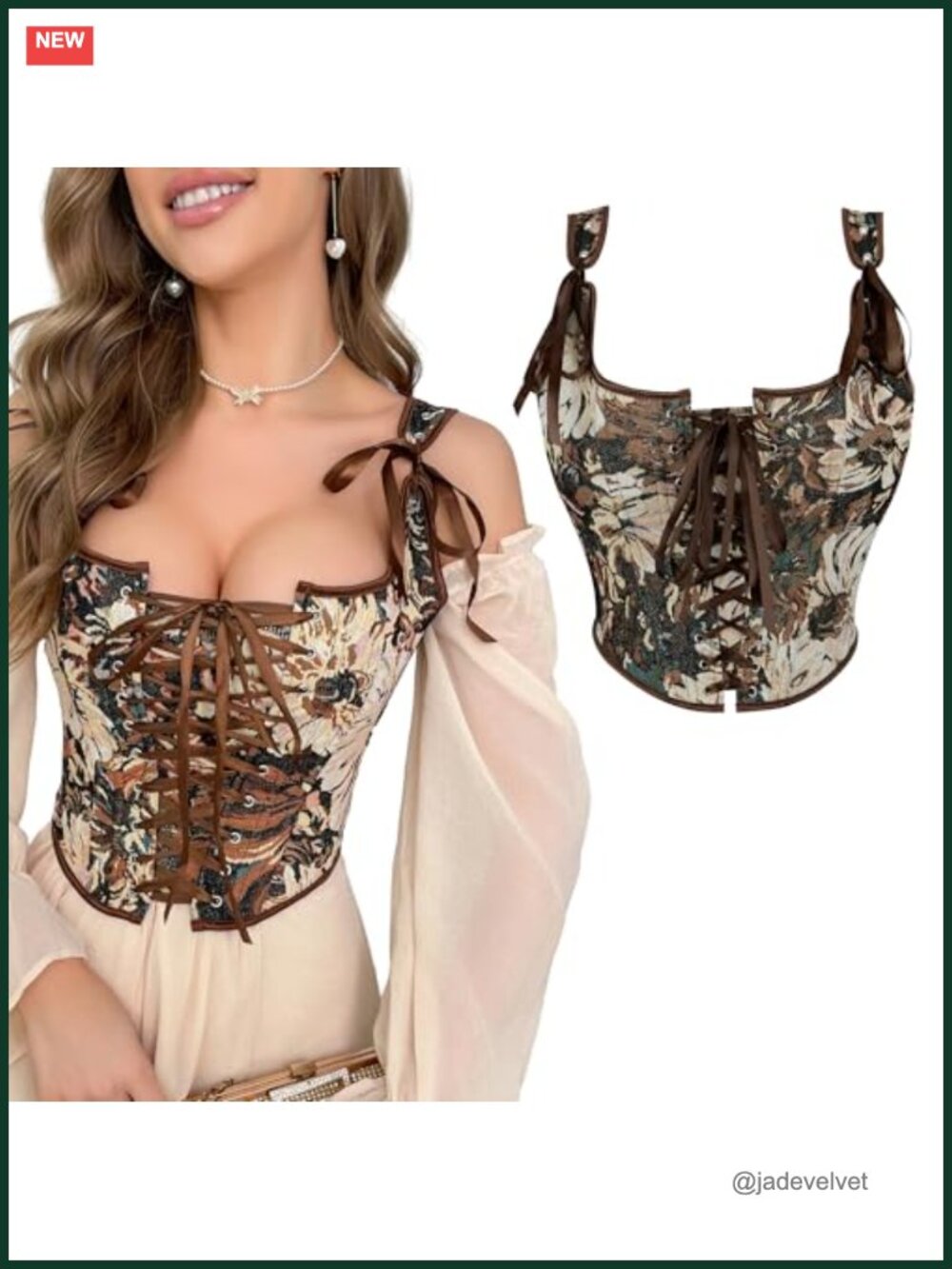 Renaissance Floral Corset Top Overbust Bustier Push-Up Lace-Up Boned